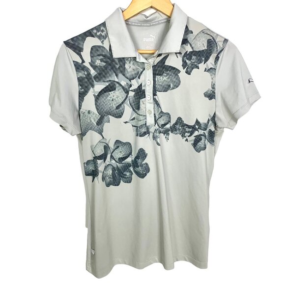 Puma Golf Shirt M Polo Top Athletic Gray Floral Print Short Sleeve DryCELL - Picture 2 of 12